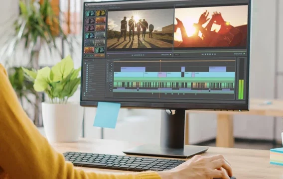 woman editing a film