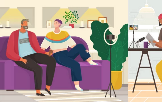 graphic two men talking in a living room